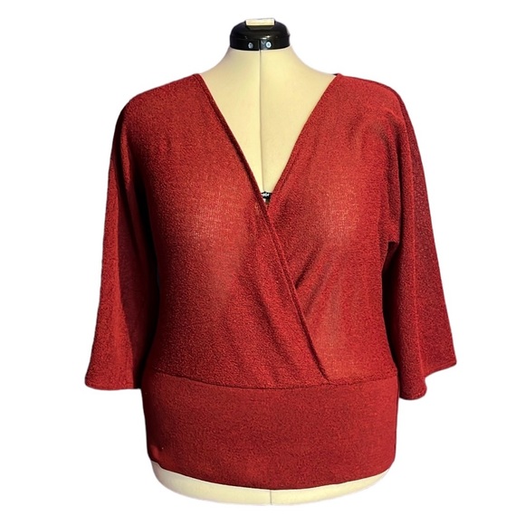 Soft by Avenue Burgundy Faux Knit Sweater Wrap Top with Kimono Sleeves - Picture 1 of 10